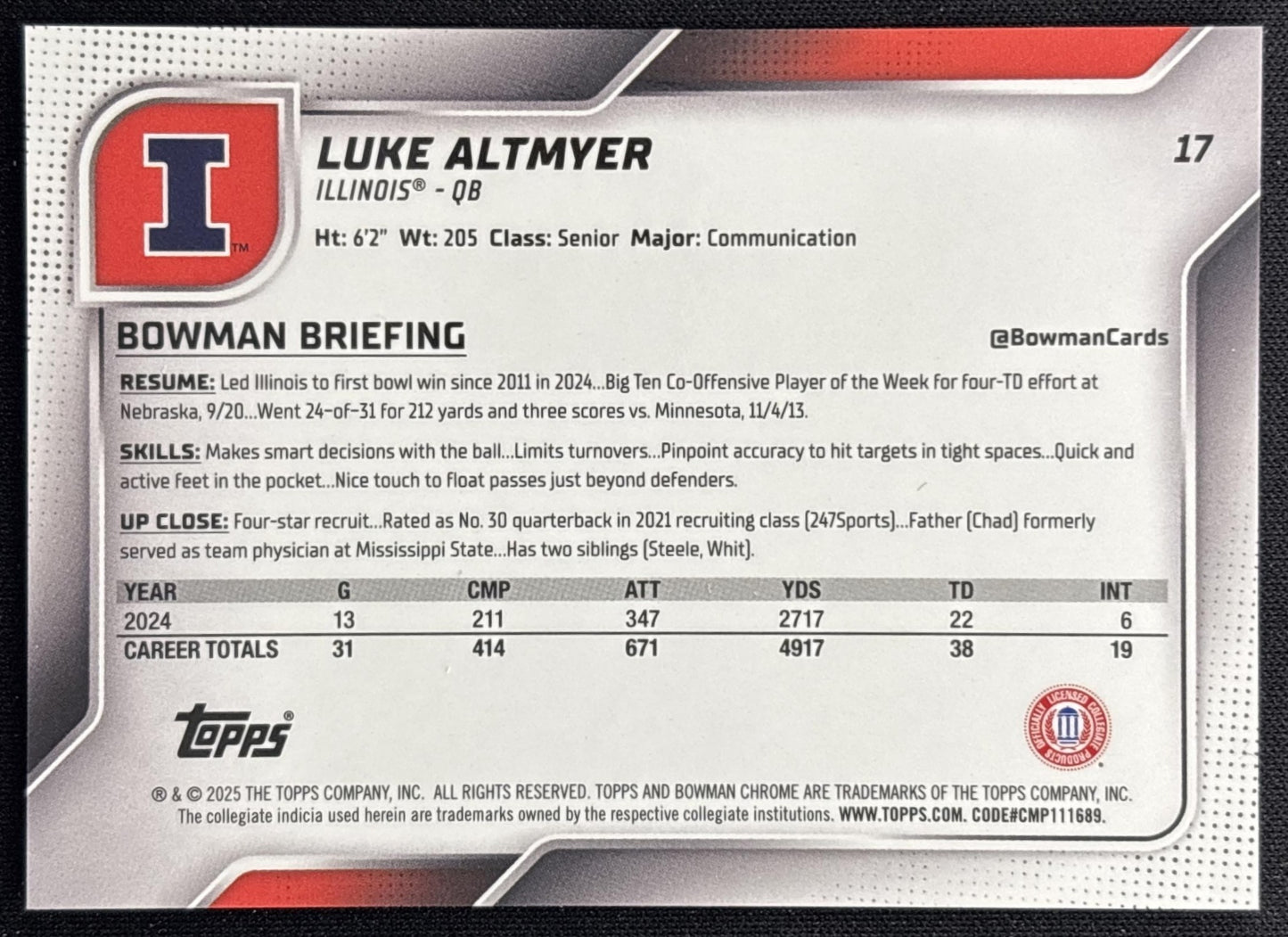 Luke Altmyer 2025 Chrome University Prospects Black & Gold Stealth Refractor /25 Fighting Illini Sports Trading Cards