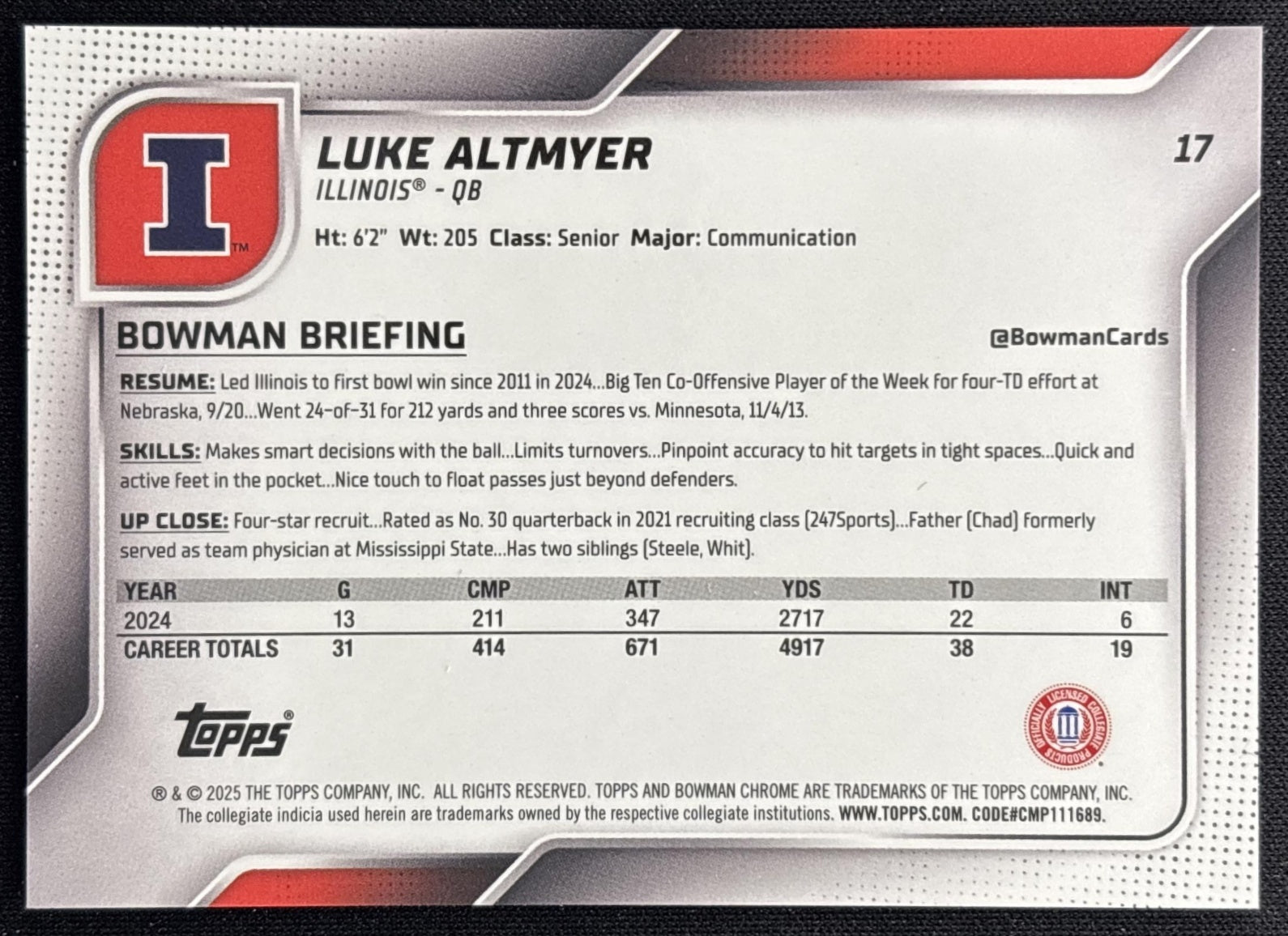 Luke Altmyer 2025 Chrome University Prospects Black & Gold Stealth Refractor /25 Fighting Illini Sports Trading Cards
