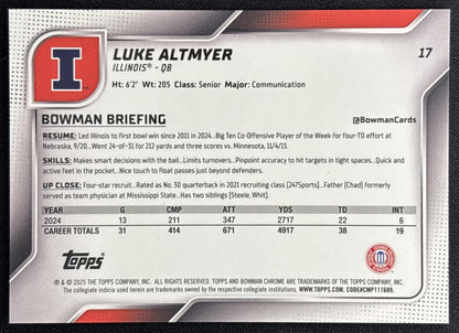 Luke Altmyer 2025 Chrome University Prospects Black & Gold Stealth Refractor /25 Fighting Illini Sports Trading Cards