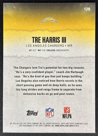 Tre Harris III 2025 Topps Signature Class Rookie Blue & Yellow Foil Chargers - Back
