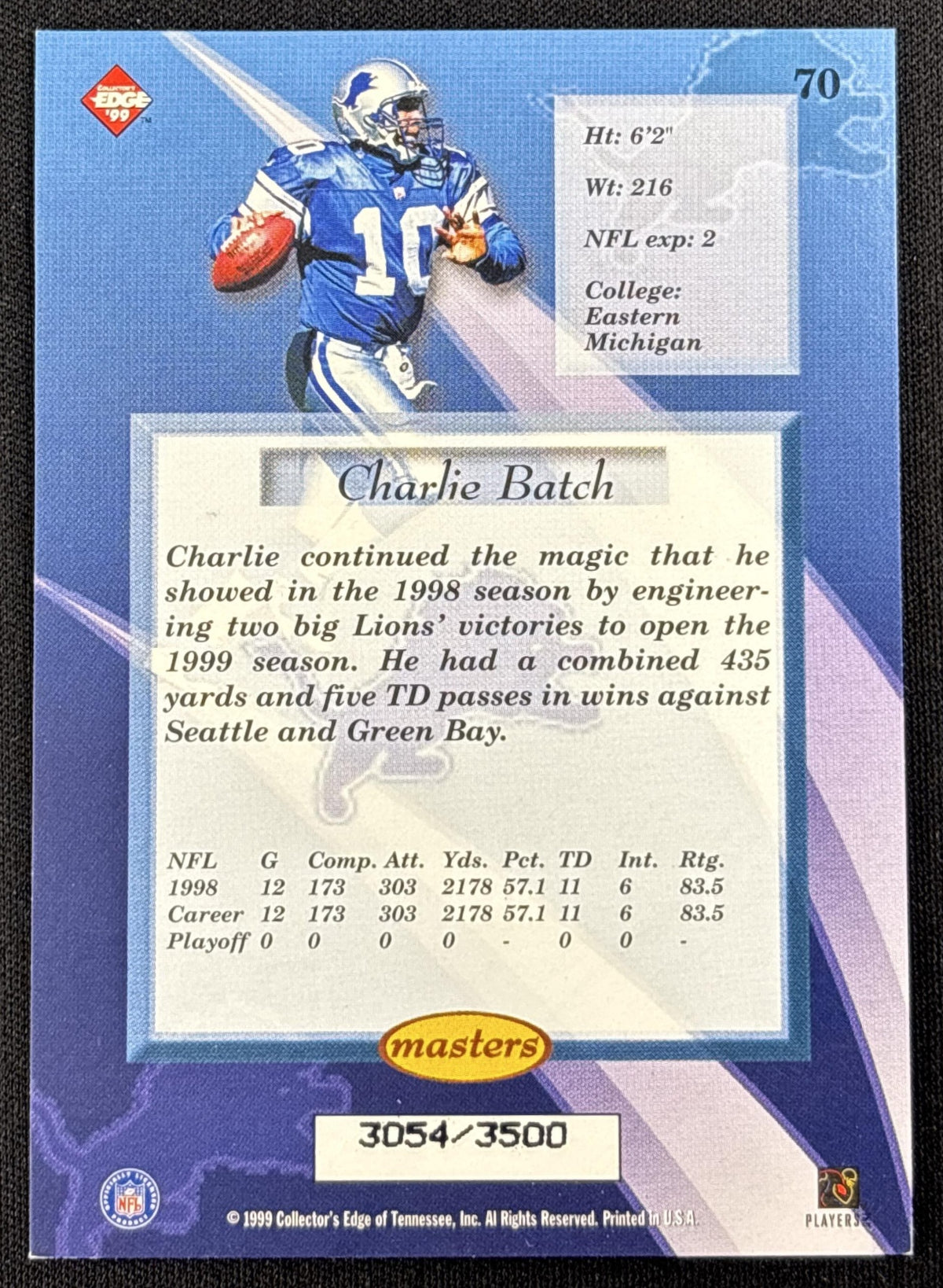 Charlie Batch 1999 Collector's Edge Masters HoloSilver /3500 Lions