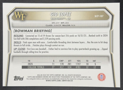 Gio Lopez 2026 Bowman Chrome Prospects Mojo Refractor Wake Forest