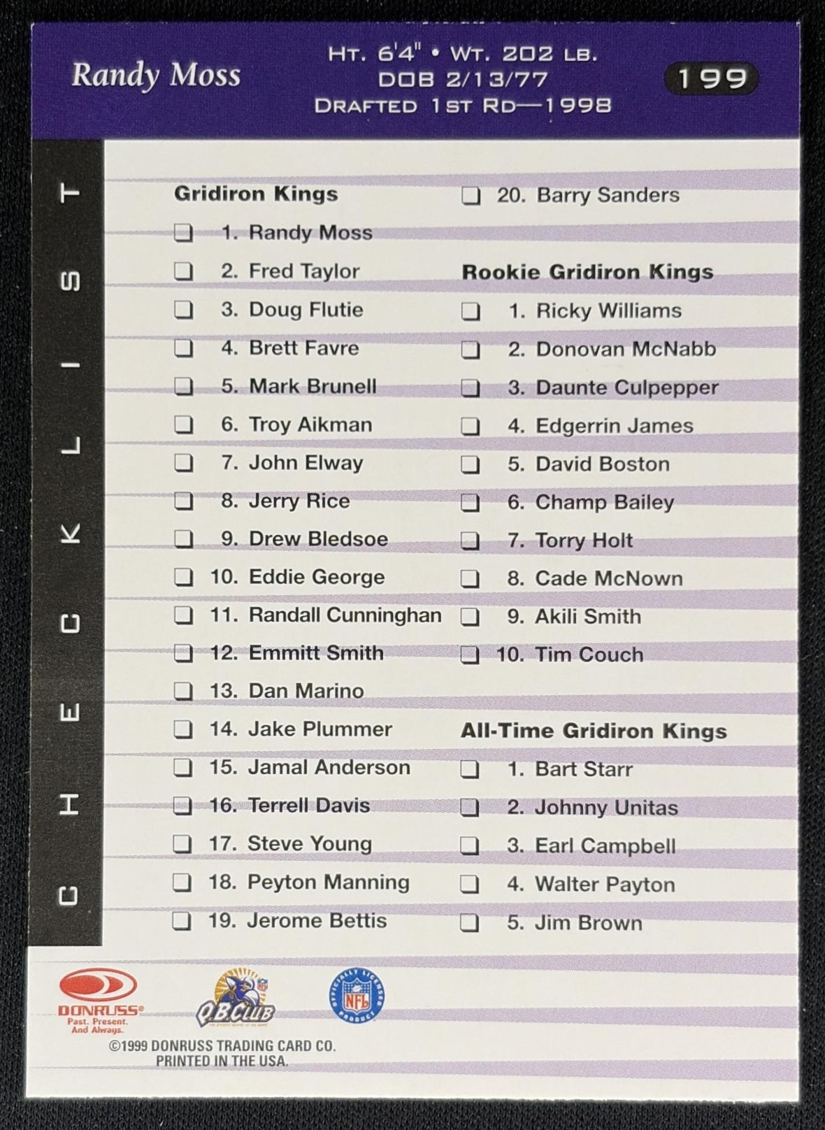 Randy Moss 1999 Donruss Checklist Vikings back