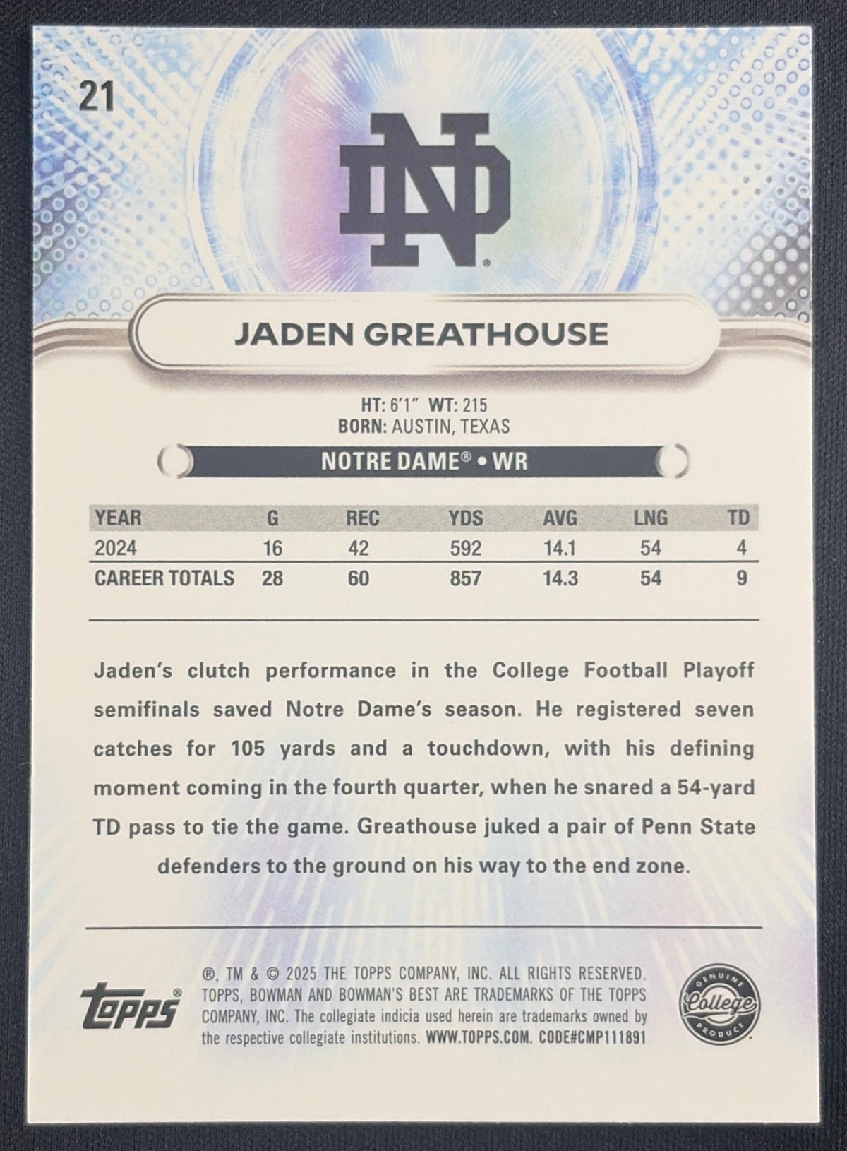 Jaden Greathouse 2025 Bowman Best University Blue Refractor /150 Fighting Irish Sports Trading Card