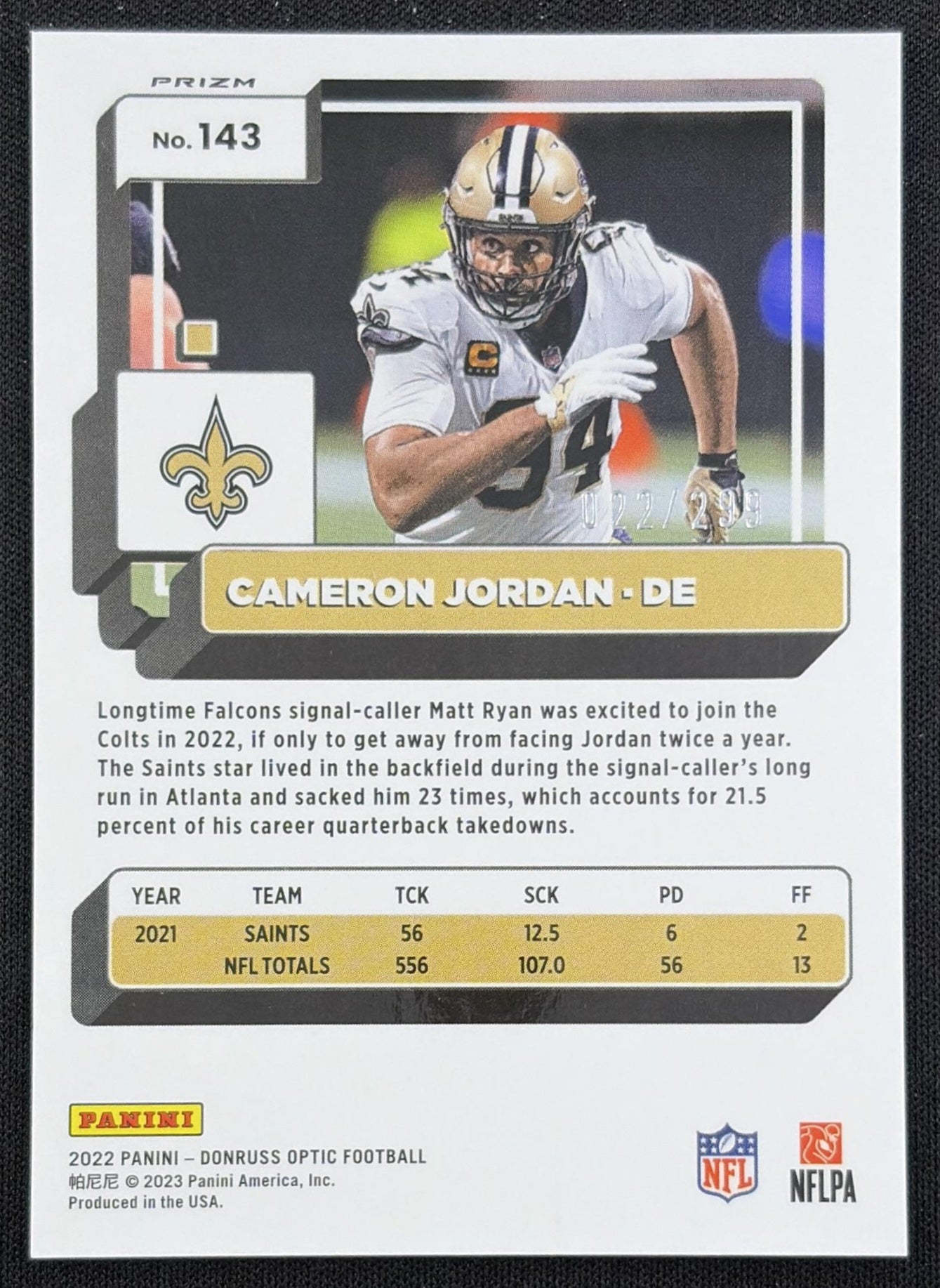 Cameron Jordan 2022 Panini Donruss Optic Aqua /299 Saints