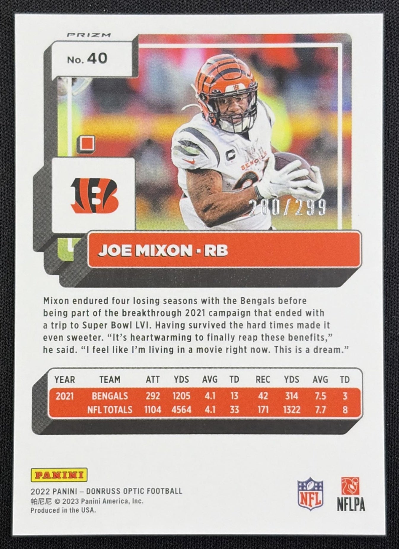 Joe Mixon 2022 Panini Donruss Optic Aqua /299 Bengals