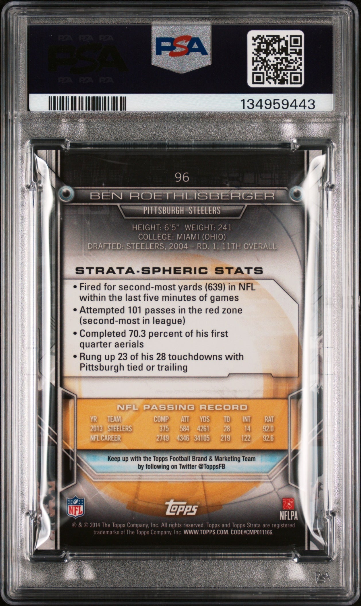Ben Roethlisberger 2014 Topps Strata PSA 10 Steelers back