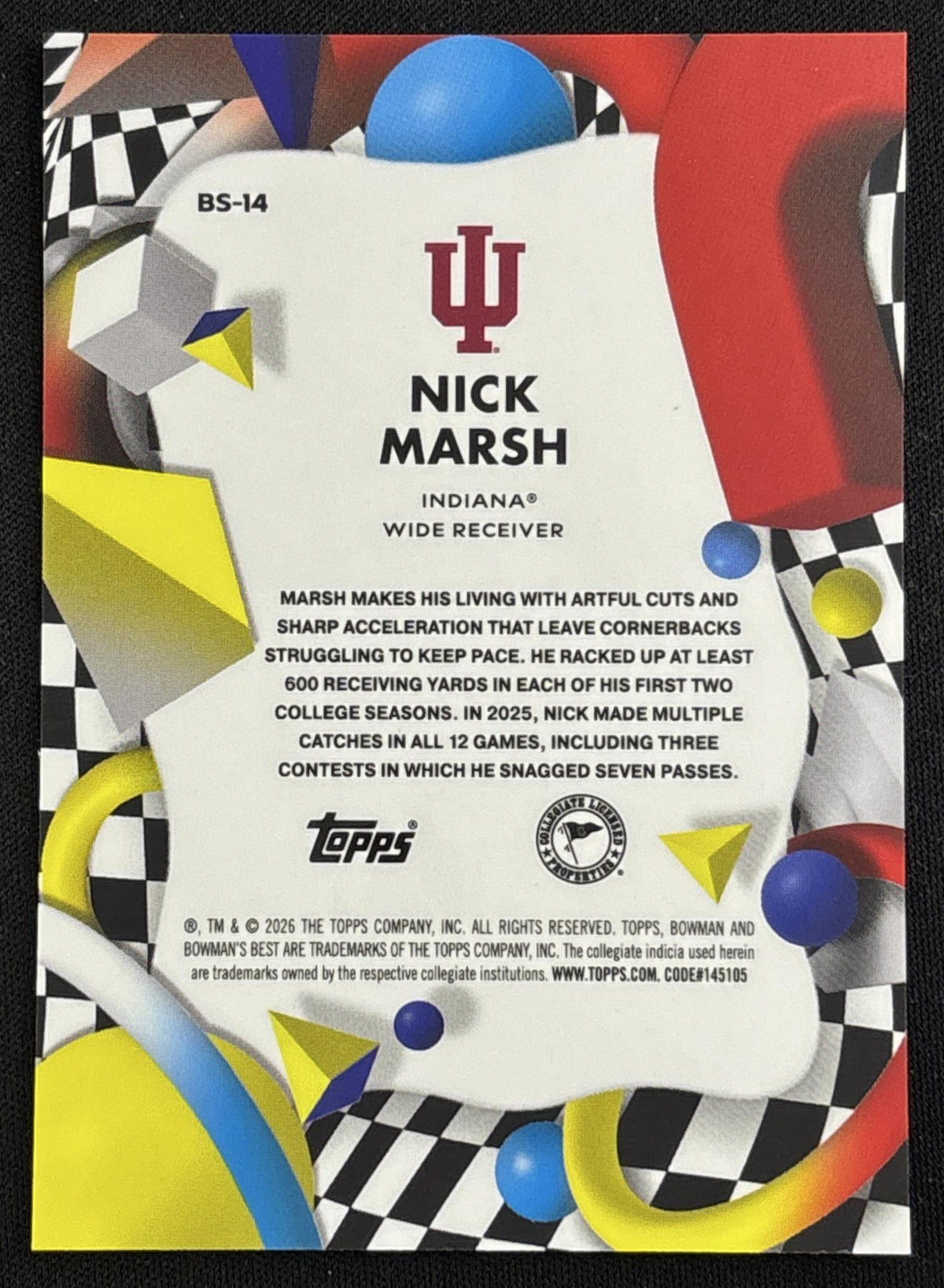 Nick Marsh 2026 Bowman U Best Bowman Showpieces Orange Refractor /25 Hoosiers back