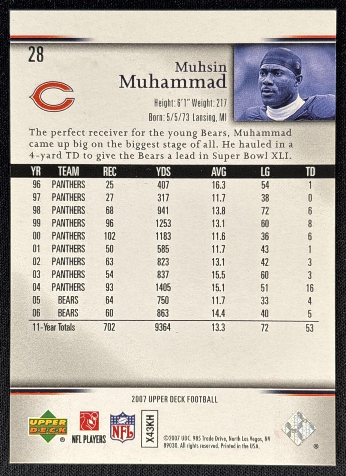 Muhsin Muhammad 2007 Upper Deck Silver /99 Bears back