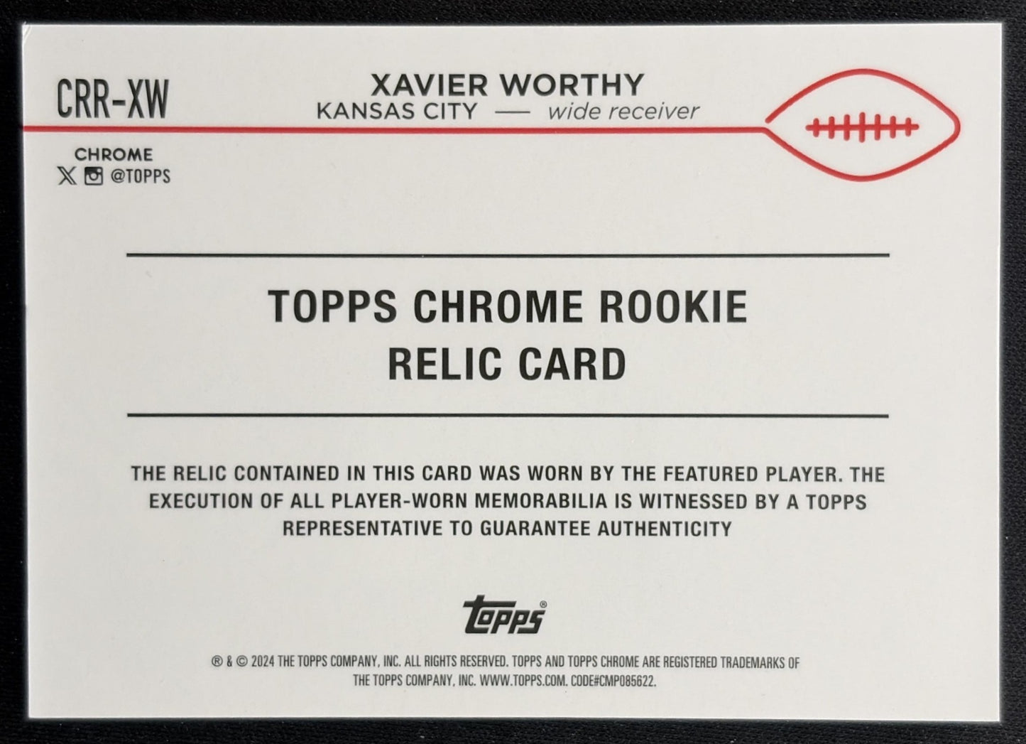 Xavier Worthy 2024 Topps Chrome Rookie Relics Green Refractor /99 Chiefs back