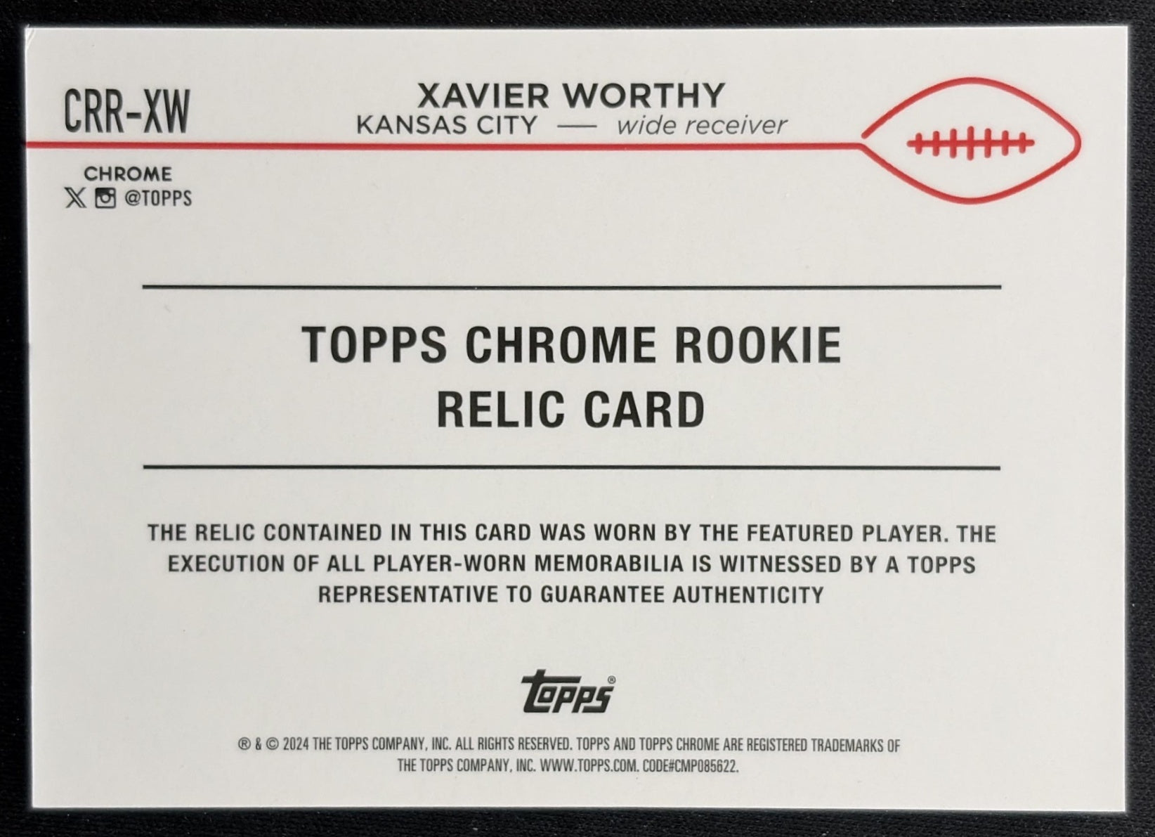 Xavier Worthy 2024 Topps Chrome Rookie Relics Green Refractor /99 Chiefs back