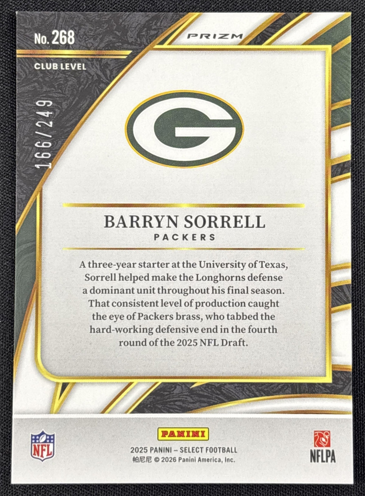 Barryn Sorrell 2025 Panini Select Club Level Tri-Color Prizm /249 Packers