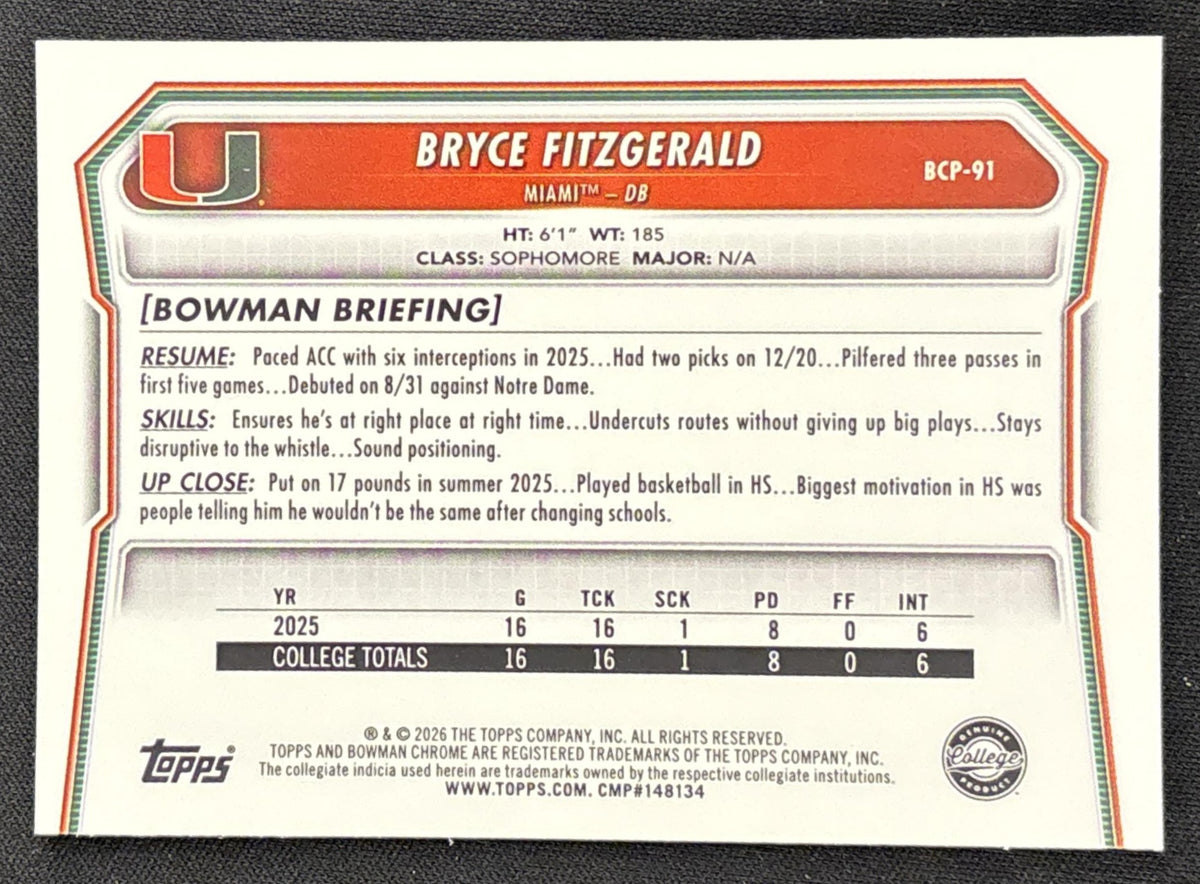 Bryce Fitzgerald 2026 Bowman Chrome Prospects Mojo Refractor Dolphins Hurricanes