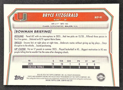 Bryce Fitzgerald 2026 Bowman Chrome Prospects Mojo Refractor Dolphins Hurricanes