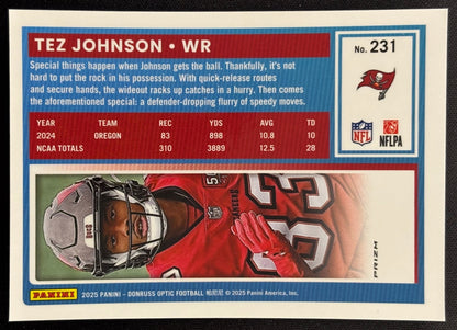 Tez Johnson 2025 Donruss Optic Rated Rookie Holo Prizm Buccaneers Sports Trading Card