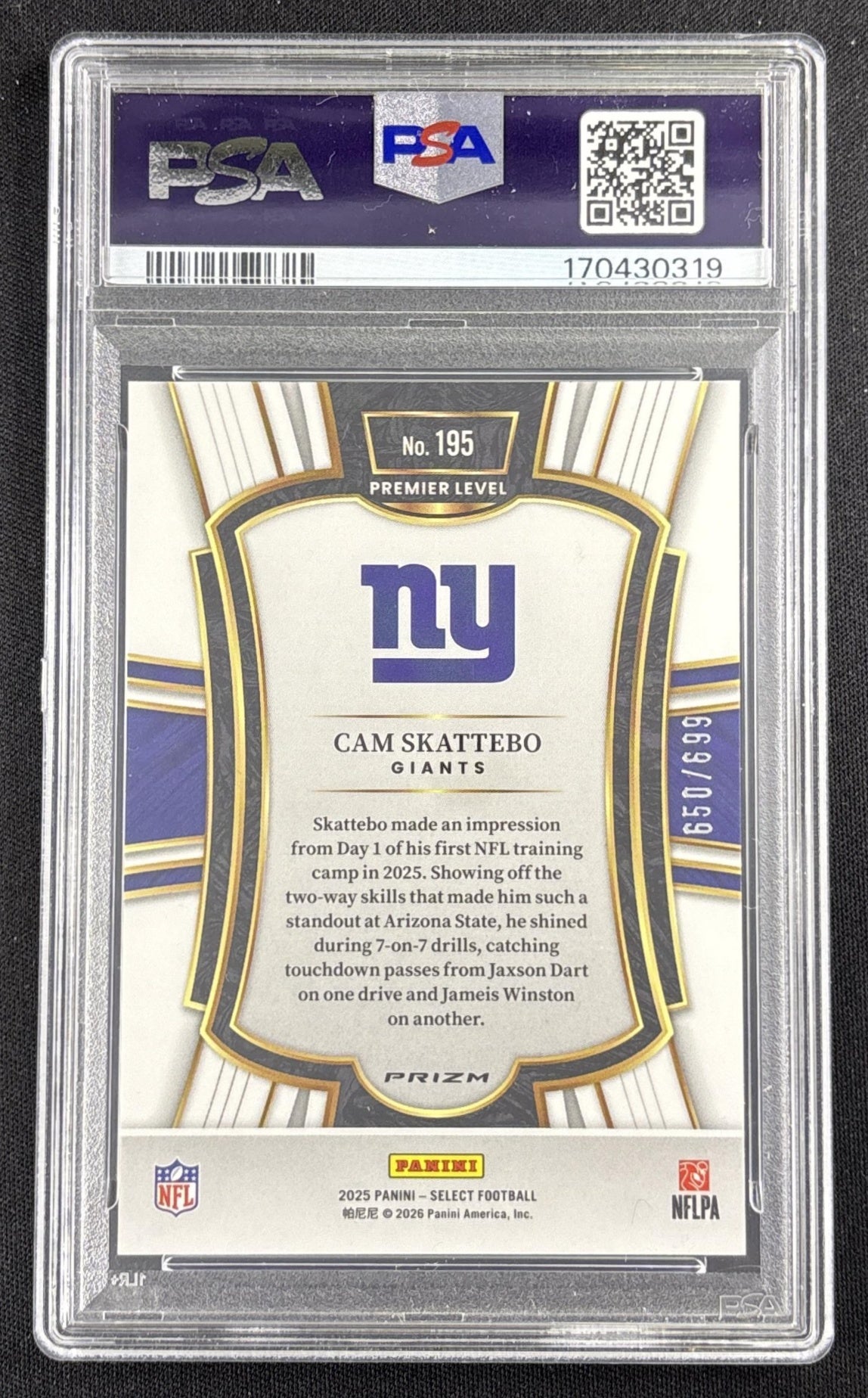 Cam Skattebo 2025 Panini Select Premier Level Purple Prizm Shock /699 PSA 10 Giants Sports Trading Card