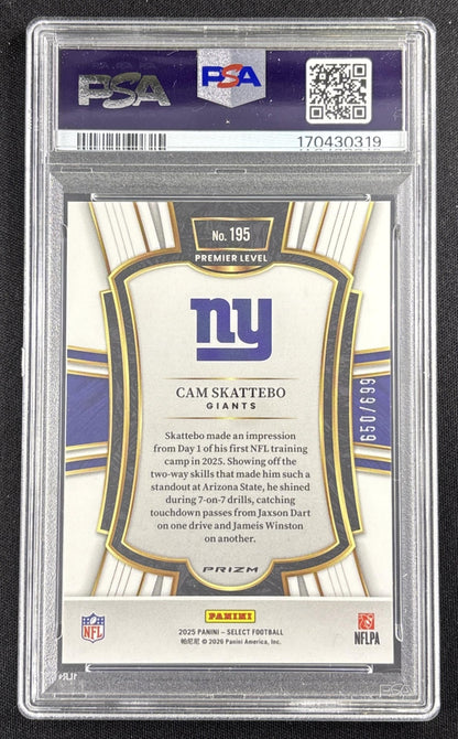Cam Skattebo 2025 Panini Select Premier Level Purple Prizm Shock /699 PSA 10 Giants Sports Trading Card