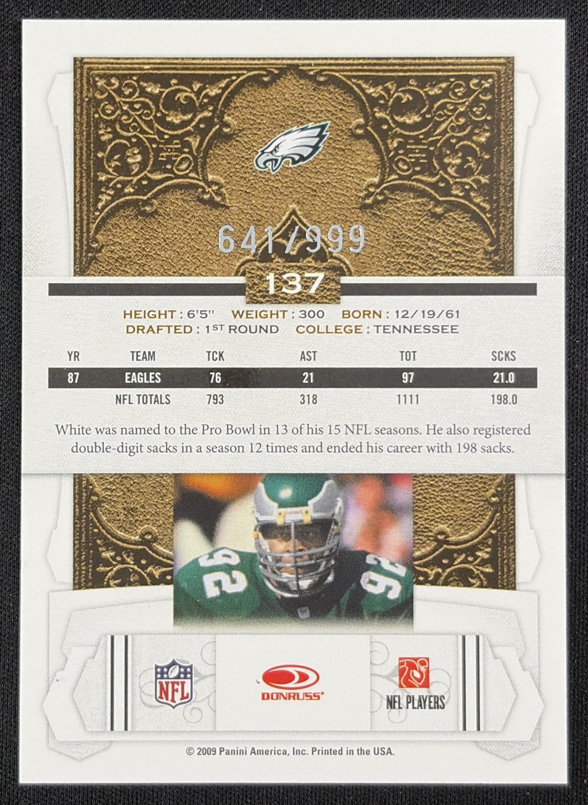 Reggie White 2009 Panini Donruss Classics /999 Philadelphia Eagles