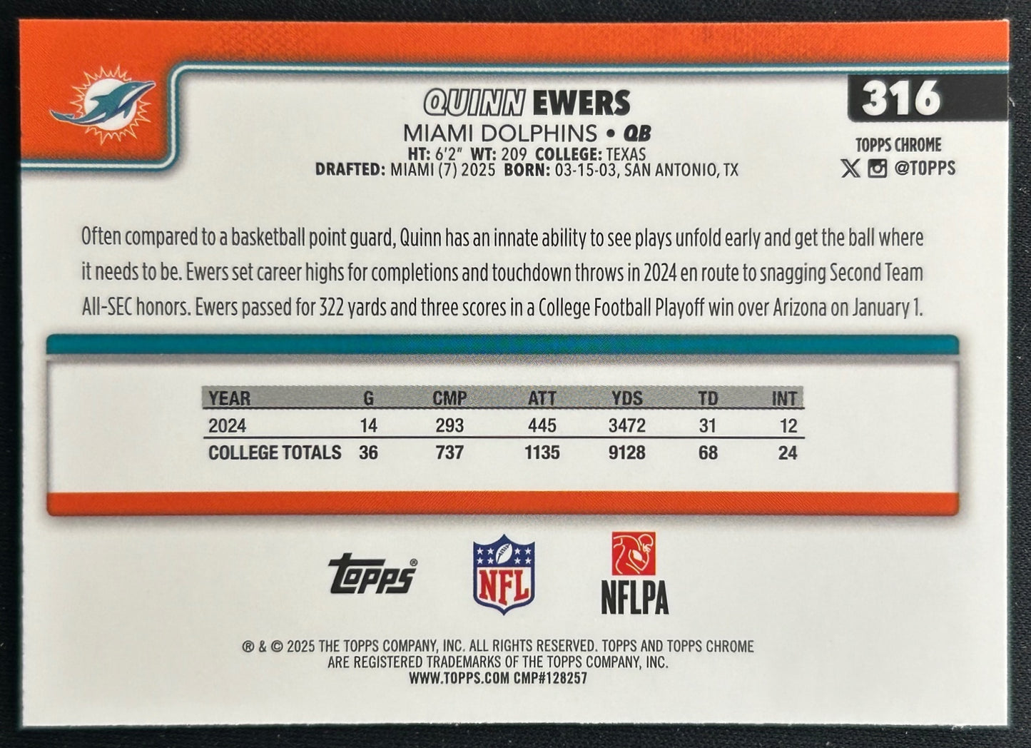 Quinn Ewers 2025 Topps Chrome Rookie Dolphins Sports Trading Cards