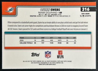 Quinn Ewers 2025 Topps Chrome Rookie Dolphins Sports Trading Cards
