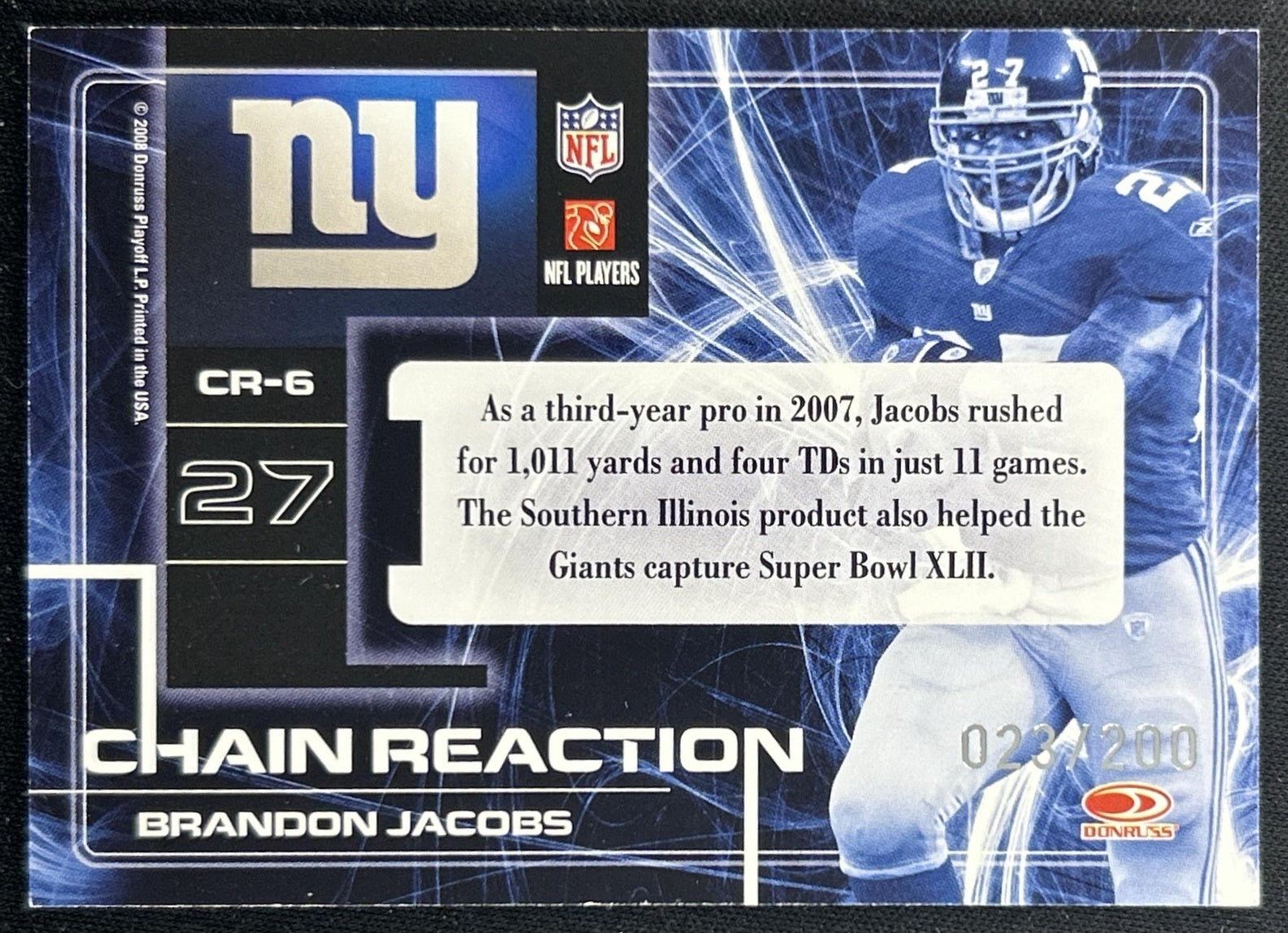 Brandon Jacobs 2008 Donruss Elite Chain Reaction Red /200 Giants back