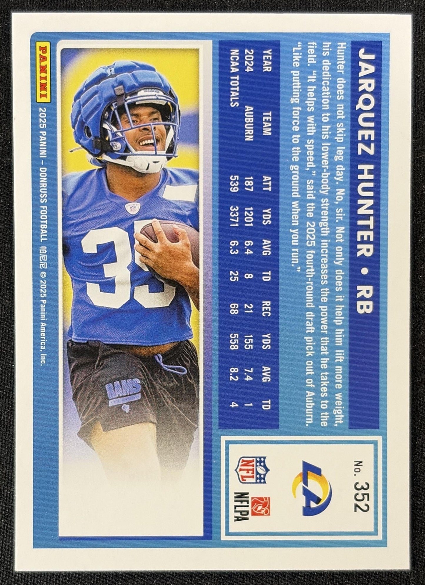 Jarquez Hunter 2025 Panini Donruss Rated Rookie Press Proof Green Rams