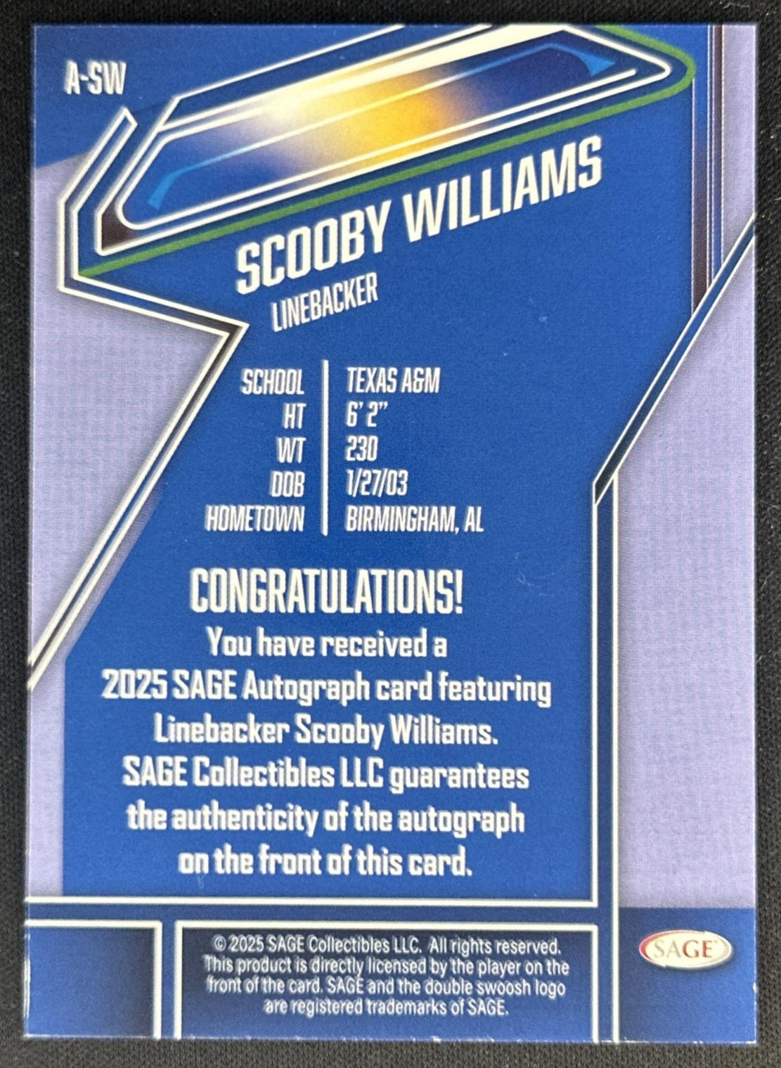 Scooby Williams 2025 SAGE Auto Florida Gators Texas A&M Aggies Sports Trading Cards