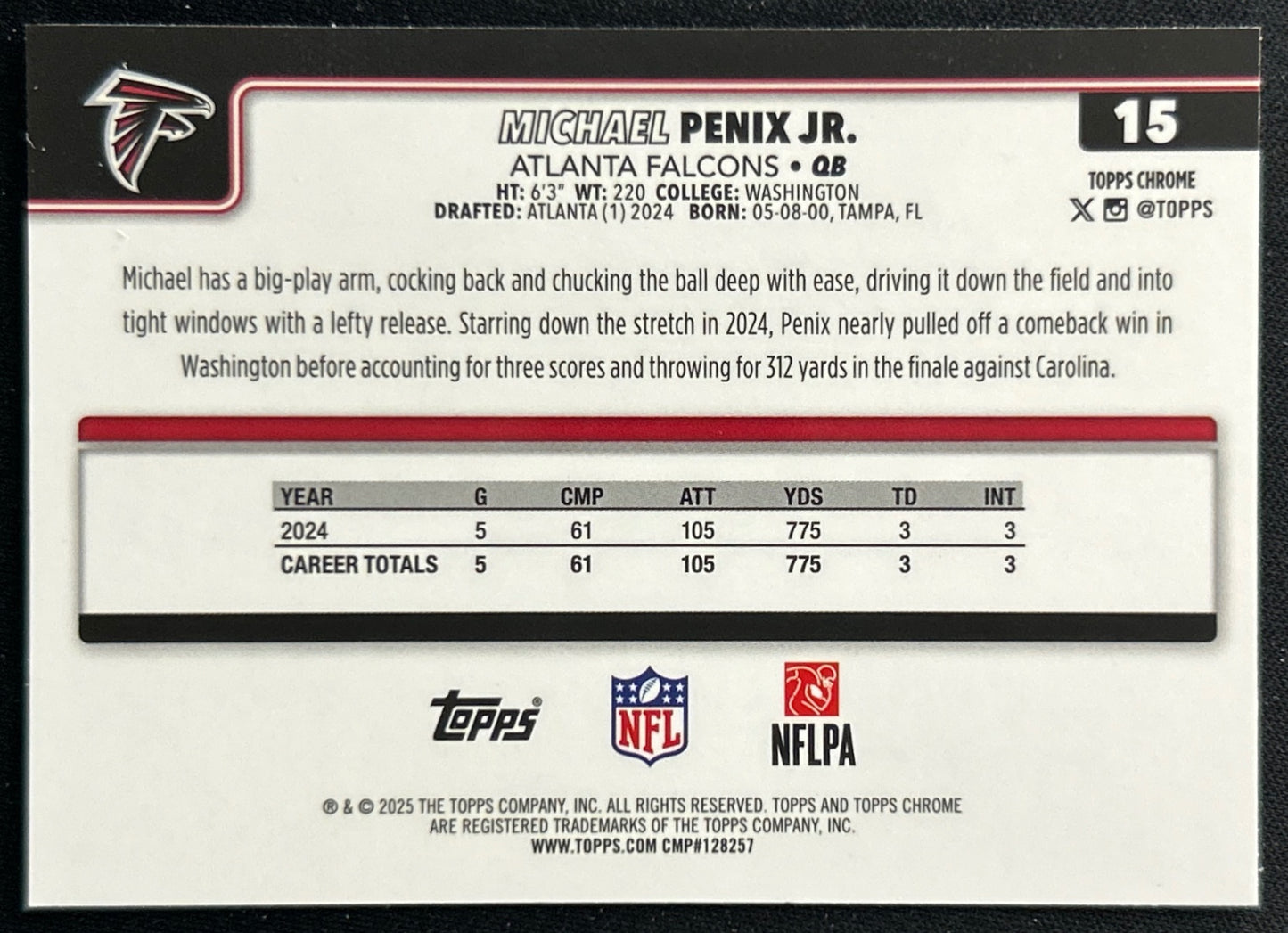 Michael Penix Jr. 2025 Topps Chrome Falcons Sports Trading Cards