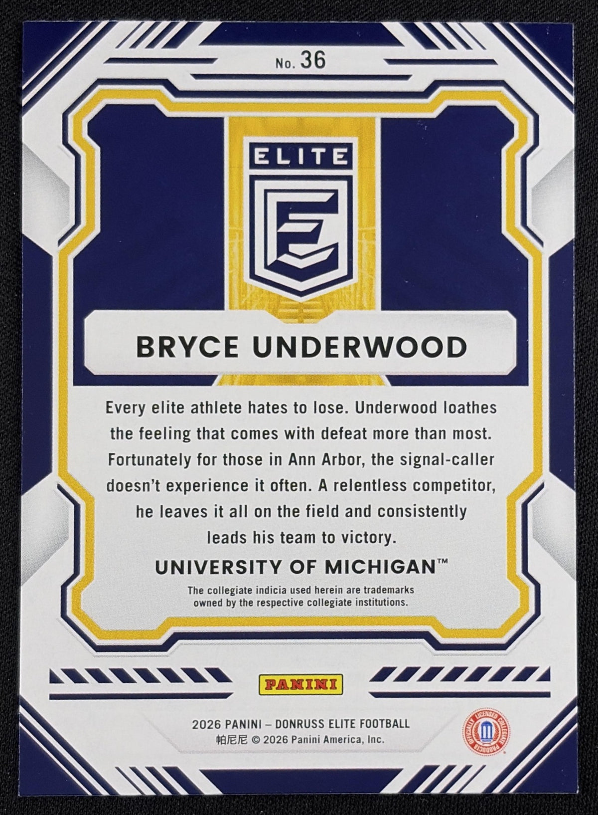 Bryce Underwood 2026 Panini Donruss Elite Pink Wolverines