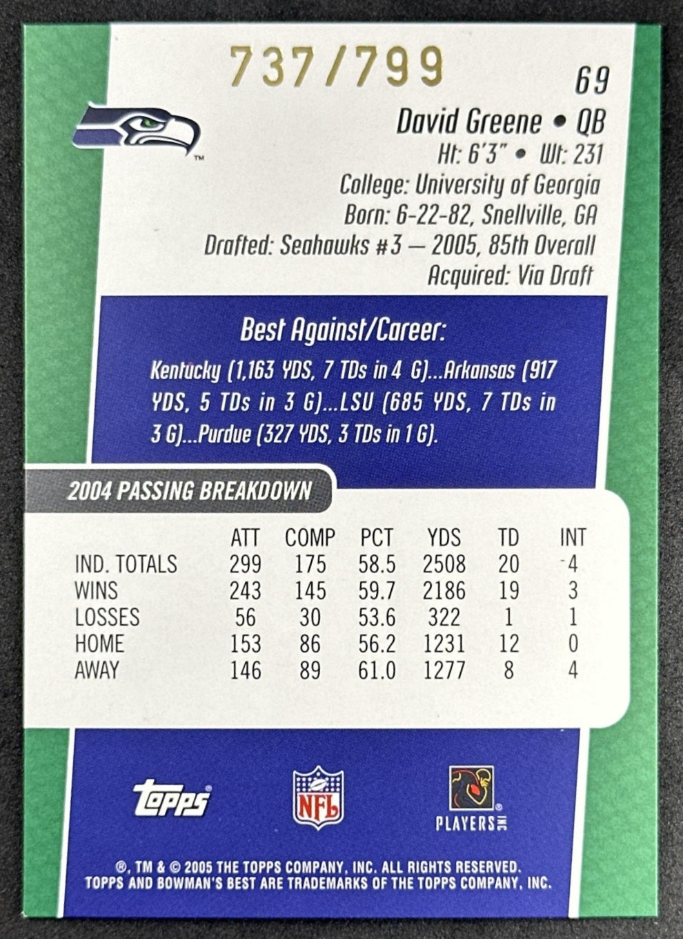 David Greene 2005 Bowman's Best Green /799 Seahawks Sports Trading Cards