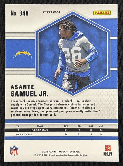 Asante Samuel Jr. 2021 Panini Mosaic White Sparkle Prizm SSP Chargers sports trading card back