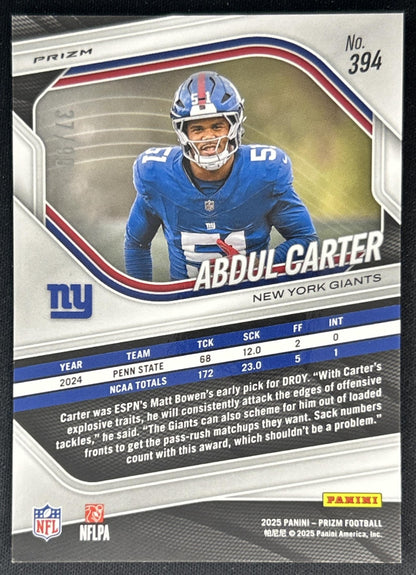 Abdul Carter 2025 Panini Prizm Blue Ice /99 Giants back
