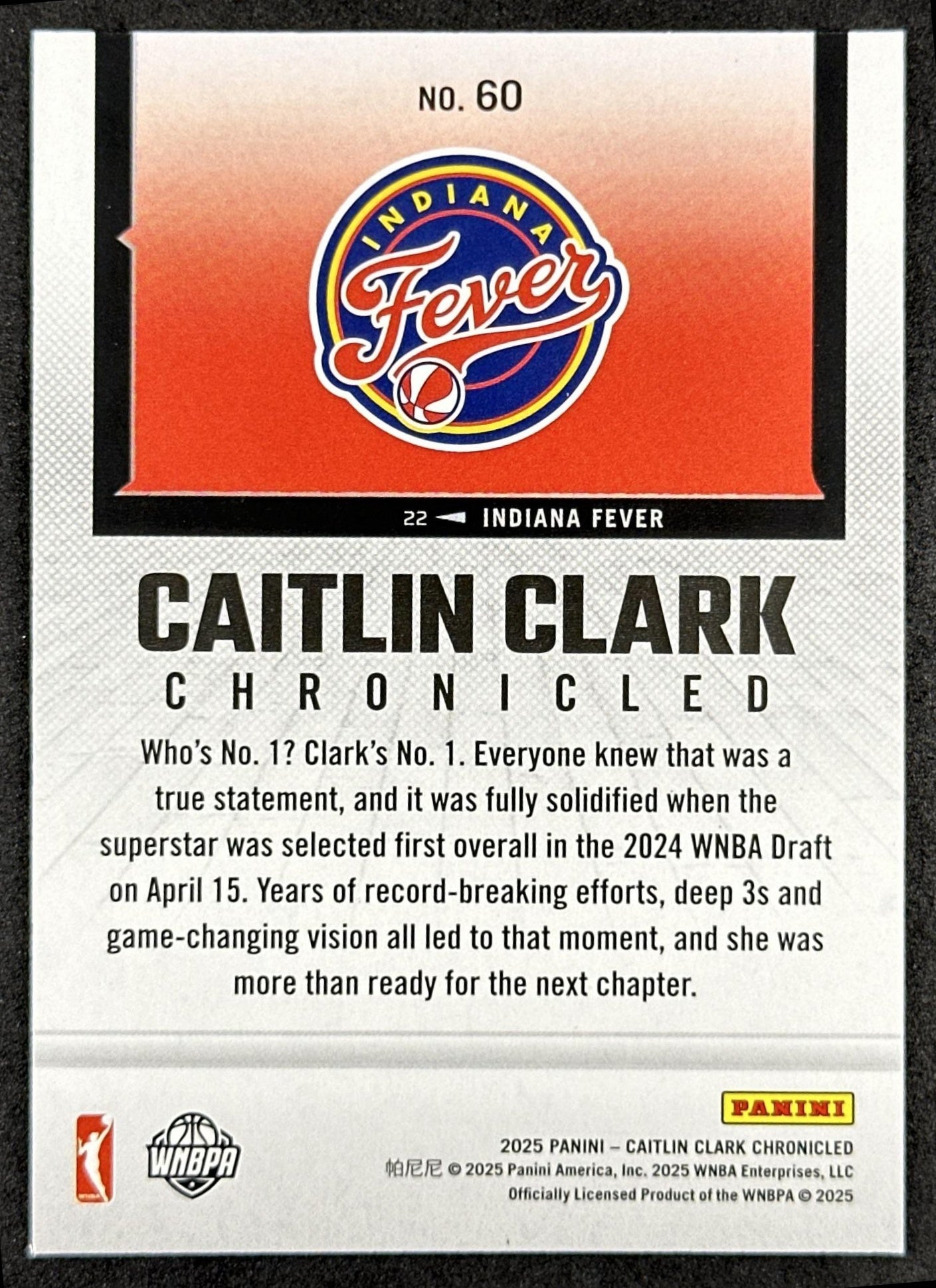 Caitlin Clark 2025 Panini Chronicled Life Style Holo Fever 60 Indiana Fever