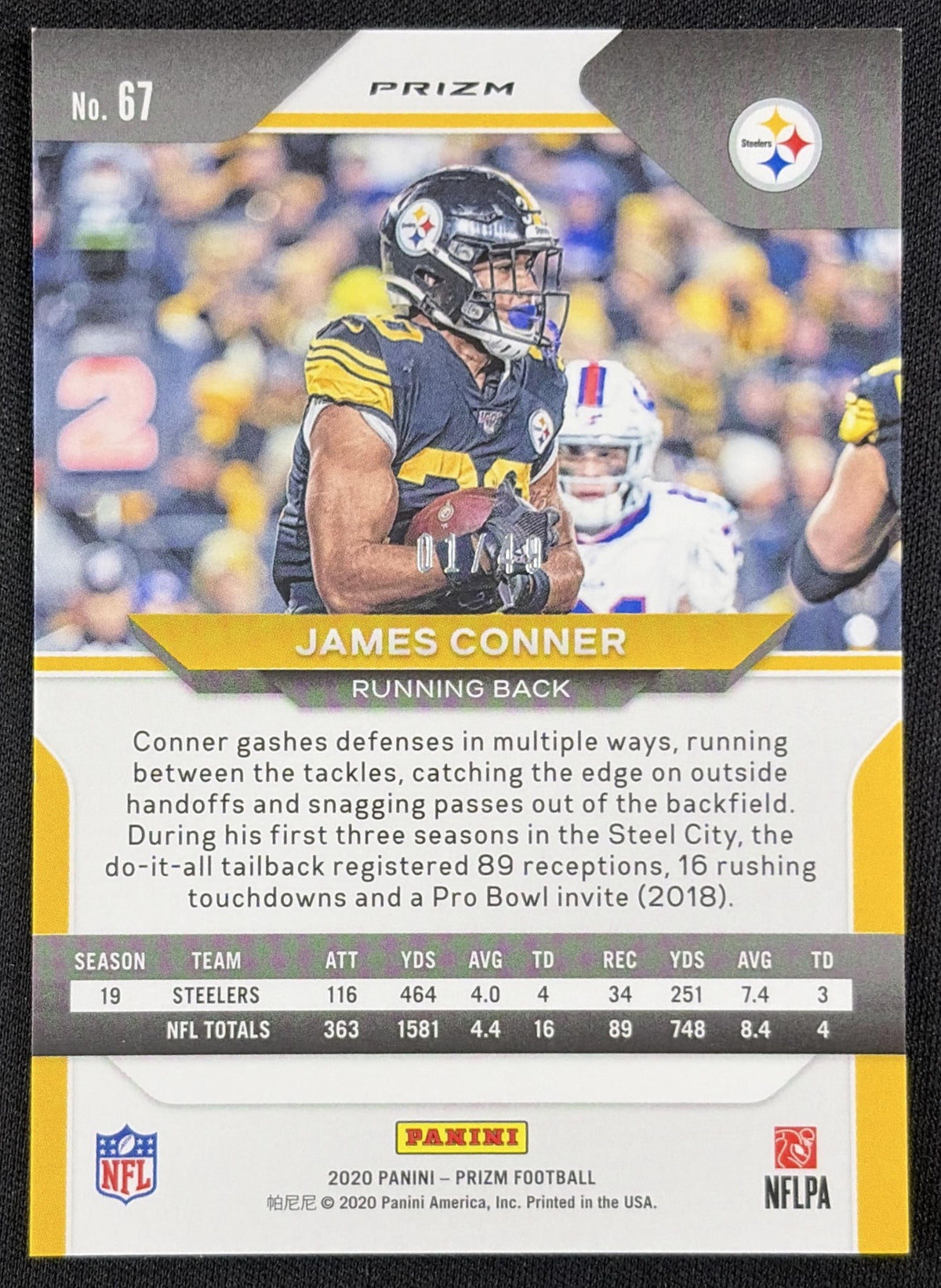 James Conner 2020 Panini Prizm Red and Yellow /49 Steelers