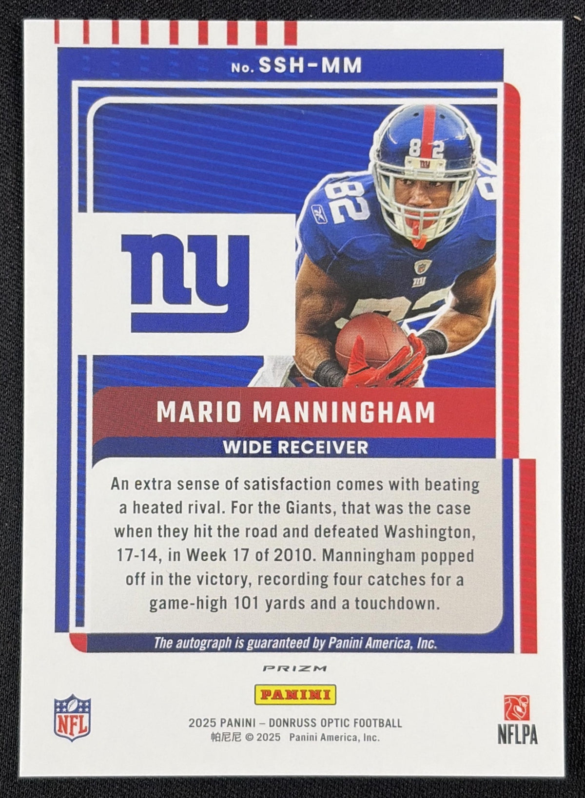 Mario Manningham 2025 Panini Donruss Optic Signature Series Giants