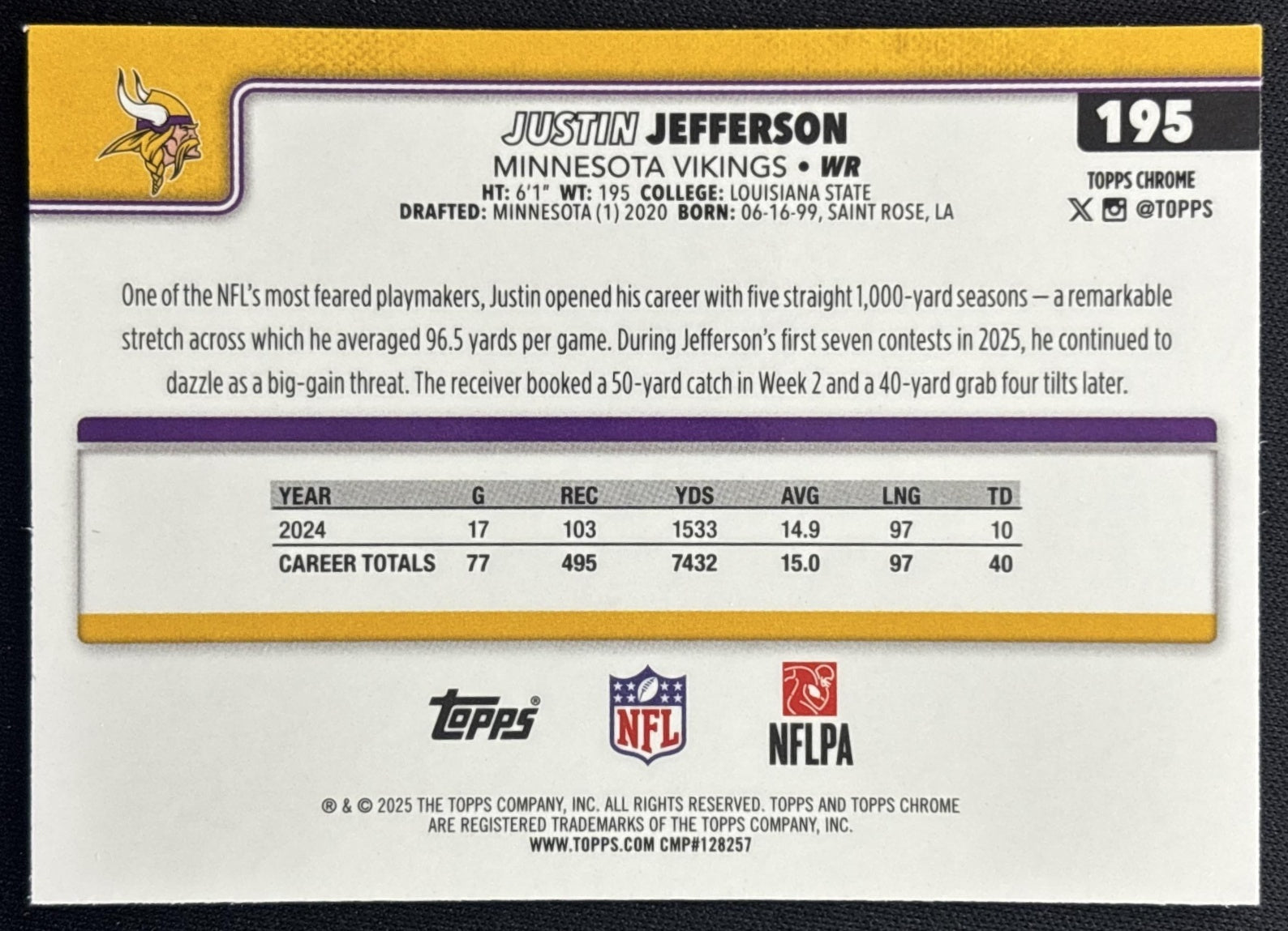 Justin Jefferson 2025 Topps Chrome RayWave Refractor Vikings back