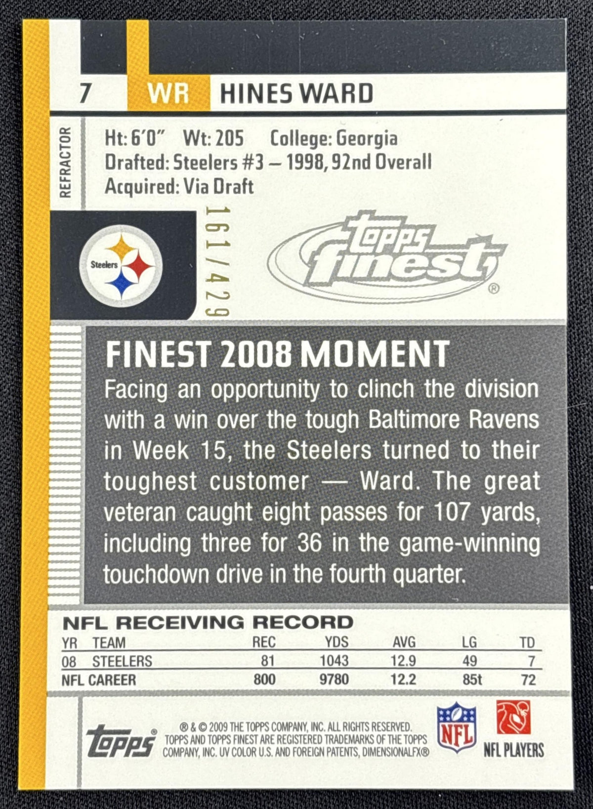 Hines Ward 2009 Topps Finest Blue Refractor /429 Steelers