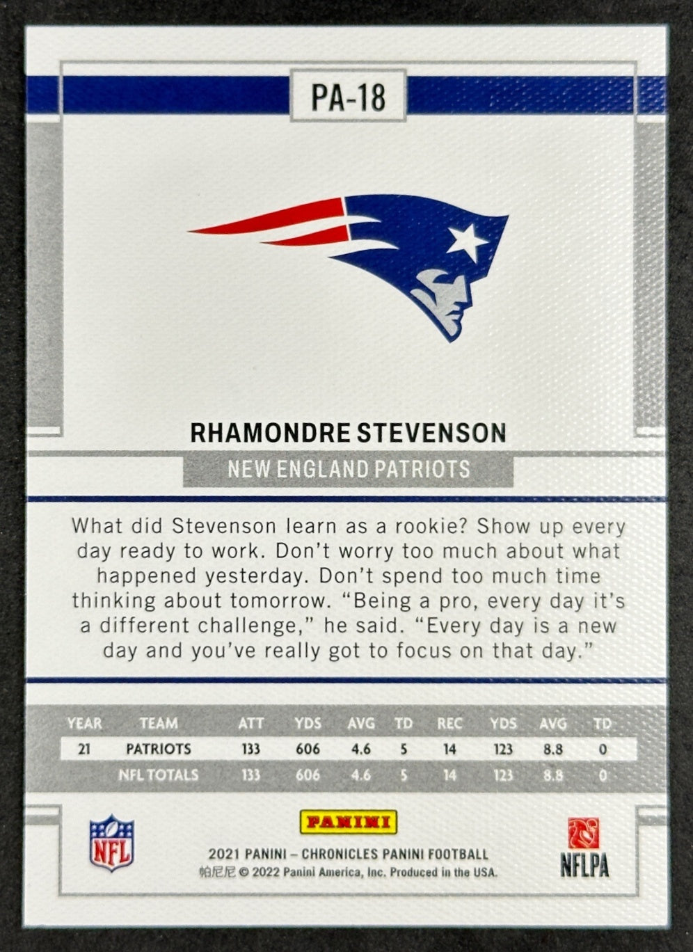 Rhamondre Stevenson 2021 Chronicles Panini Patriots Sports Trading Card