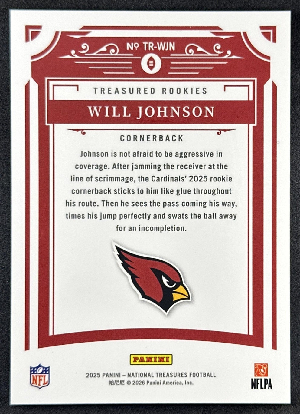 Will Johnson 2025 Panini National Treasures Treasured Rookies /99 Cardinals back