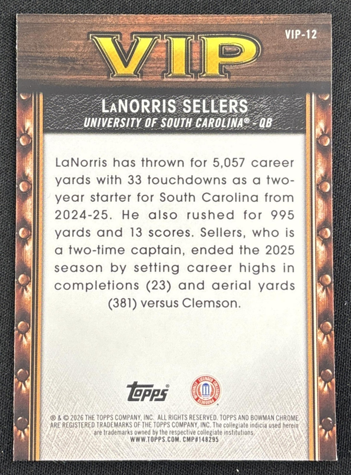 LaNorris Sellers 2026 Bowman Very Important Prospects Pink Refractor /250 Gamecocks
