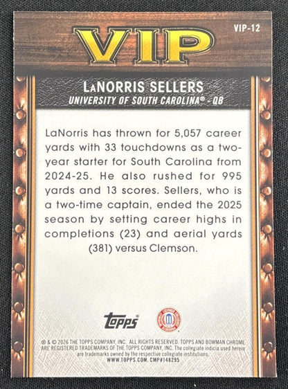 LaNorris Sellers 2026 Bowman Very Important Prospects Pink Refractor /250 Gamecocks