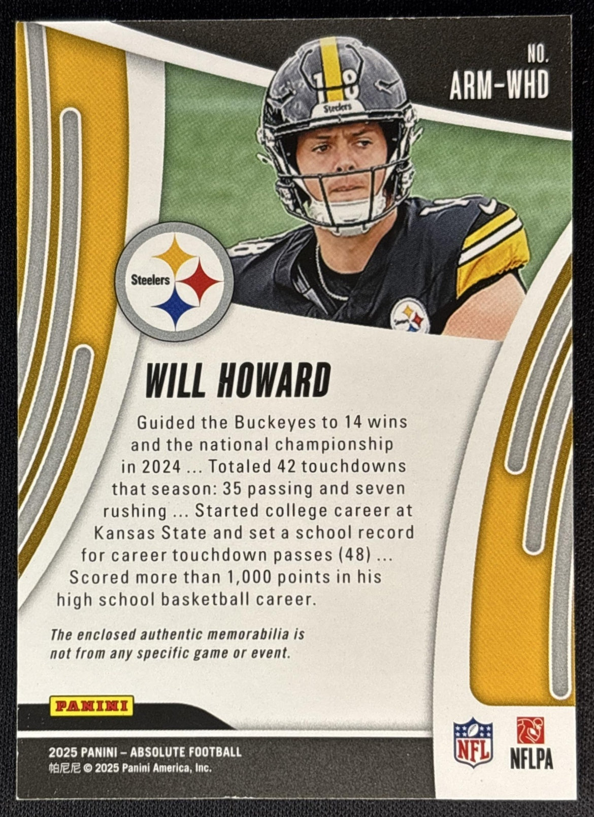 Will Howard 2025 Panini Absolute Rookie Materials Steelers