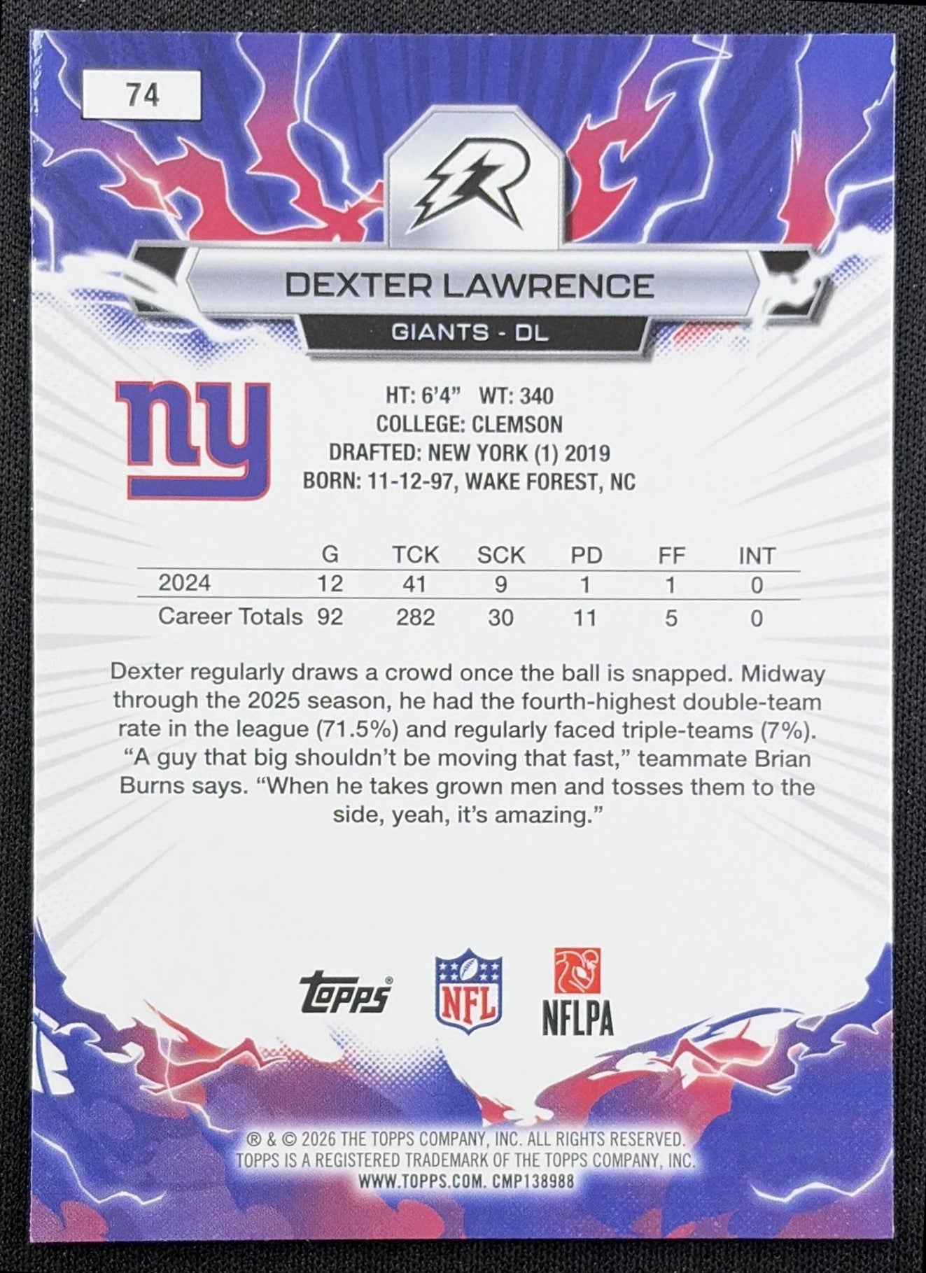 Dexter Lawrence 2025 Topps Resurgence Blue and Orange Spark Refractor Giants