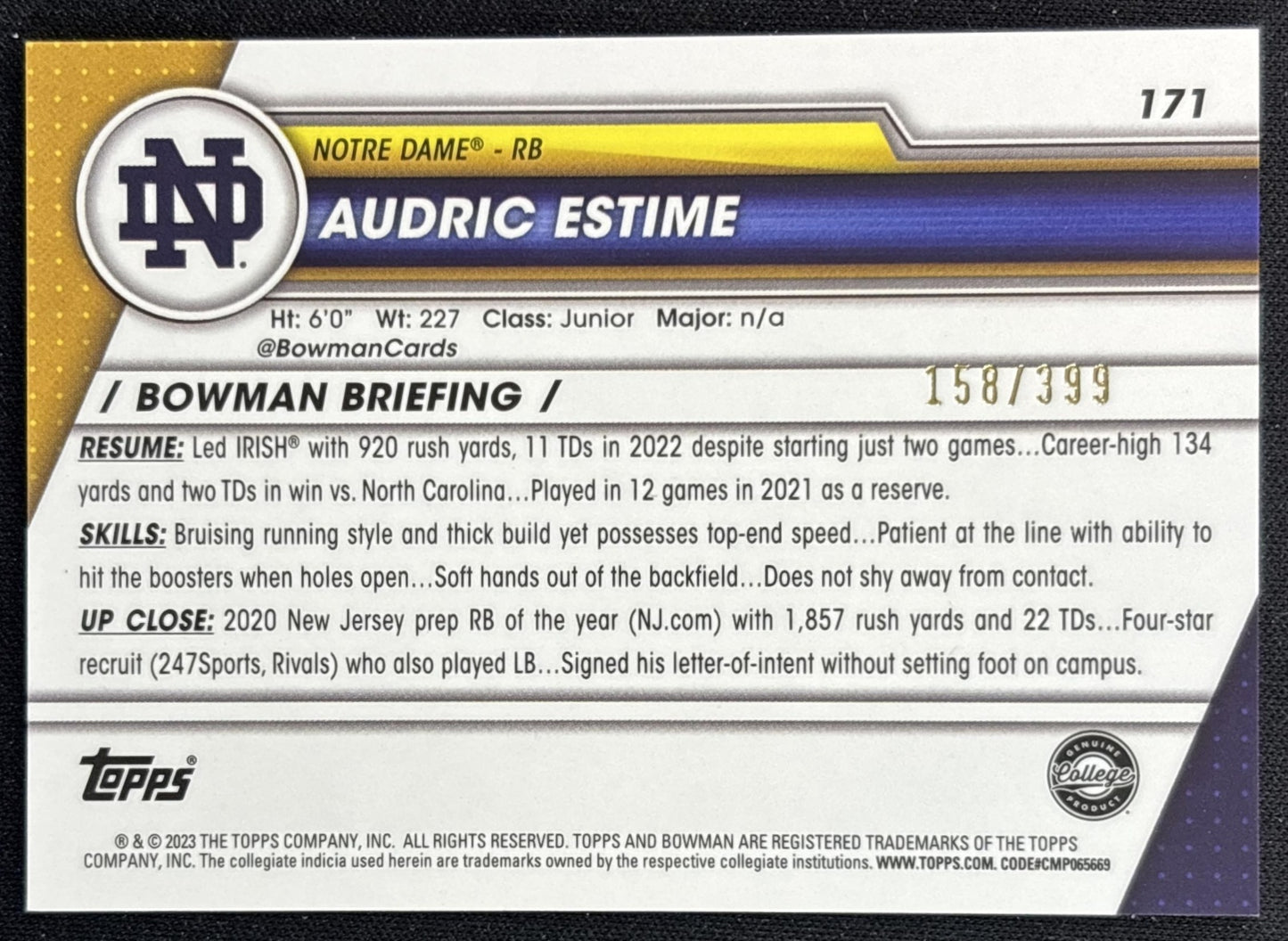 Audric Estime 2023 University Chrome Purple Mini Diamond Refractor /399 Fighting Irish back