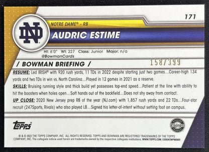 Audric Estime 2023 University Chrome Purple Mini Diamond Refractor /399 Fighting Irish back