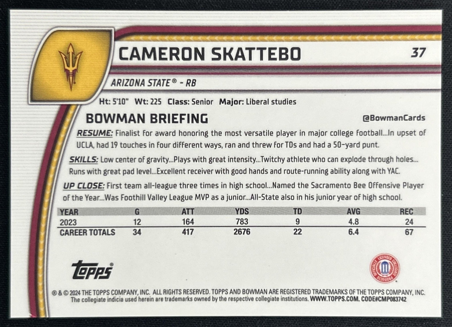 Cameron Skattebo 2024 Bowman Chrome University Sapphire Orange Refractor /25 Sports Trading Cards