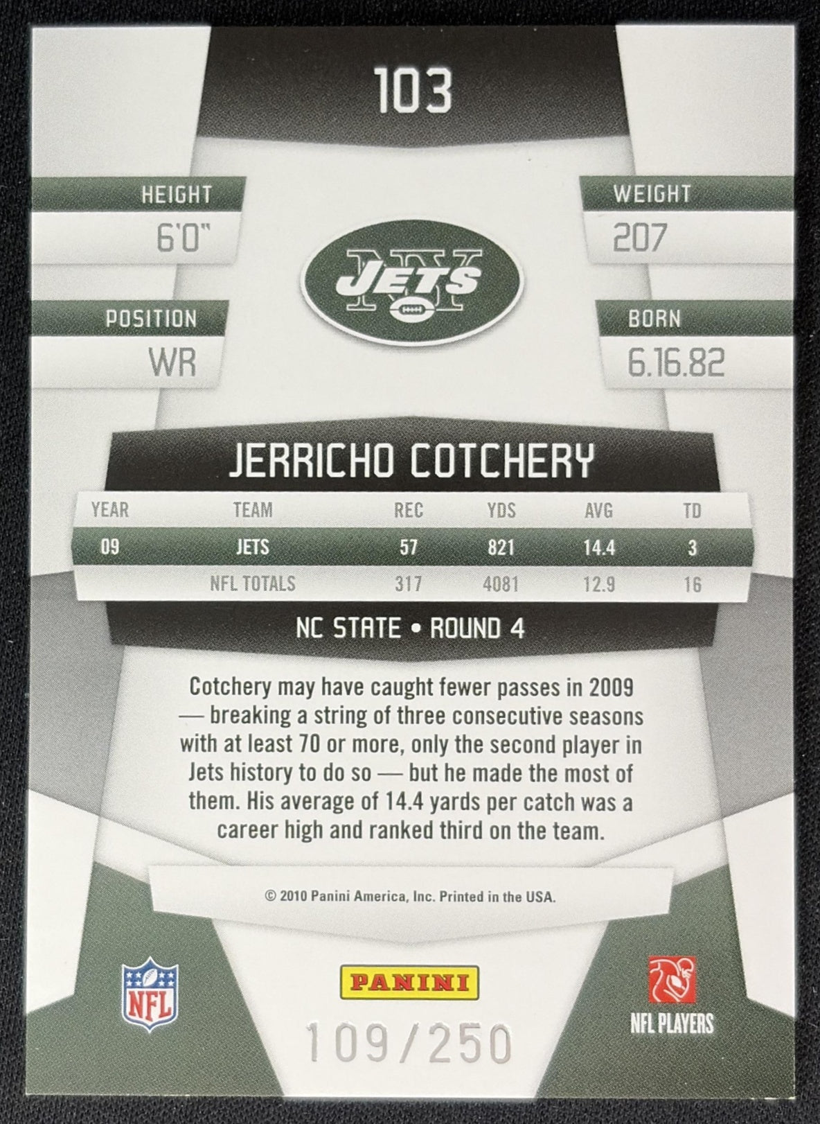 Jerricho Cotchery 2010 Panini Certified Mirror Red /250 Jets back