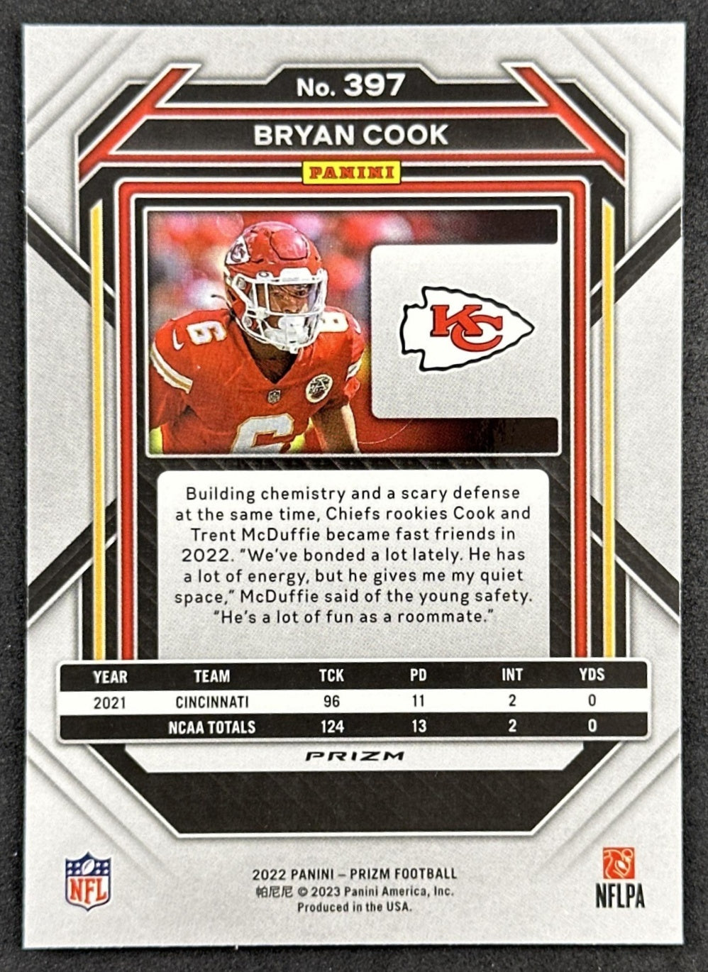 Bryan Cook 2022 Panini Prizm Green Chiefs Bengals back sports trading card