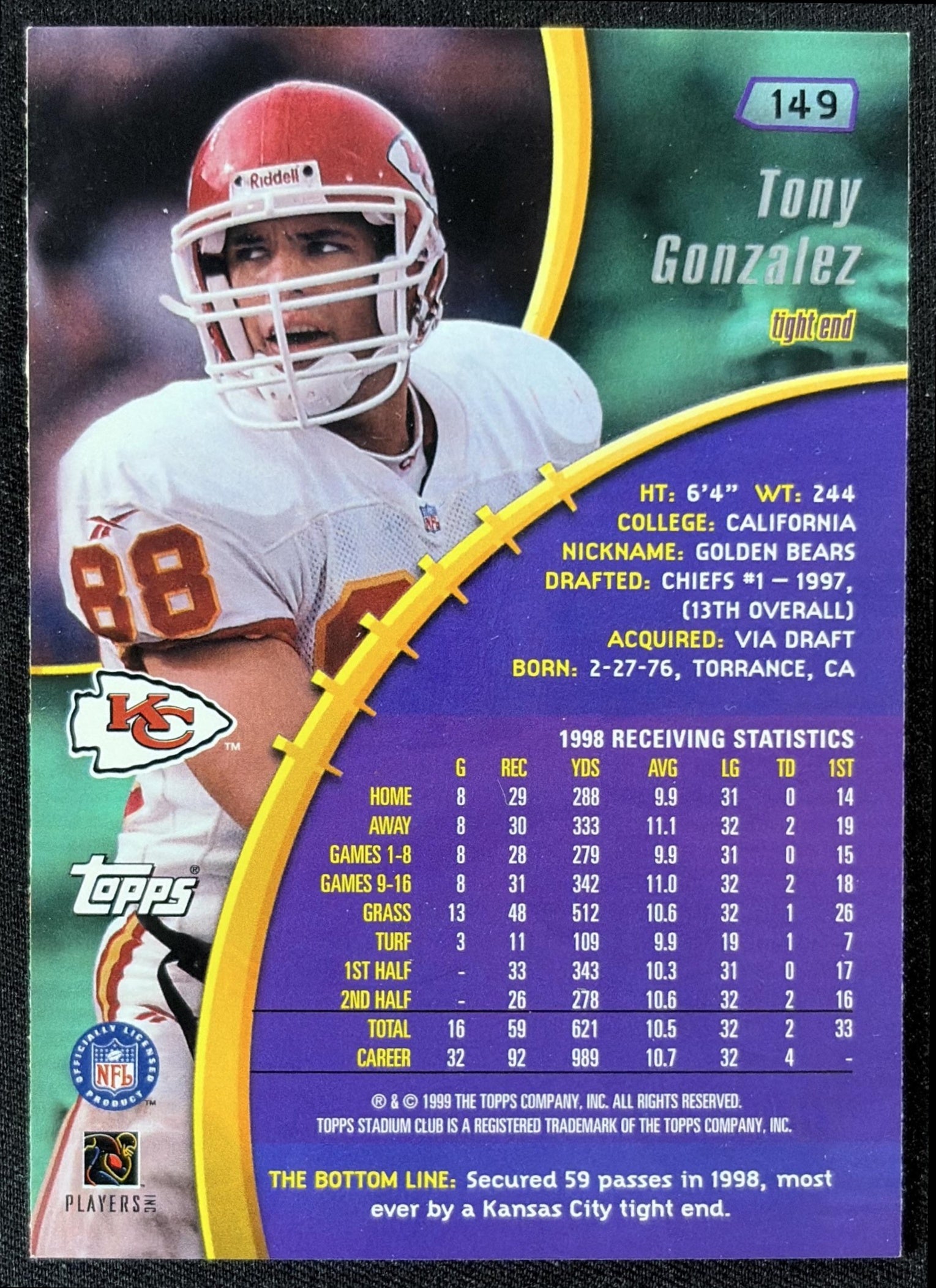 Tony Gonzalez 1999 Topps Stadium Club Chiefs