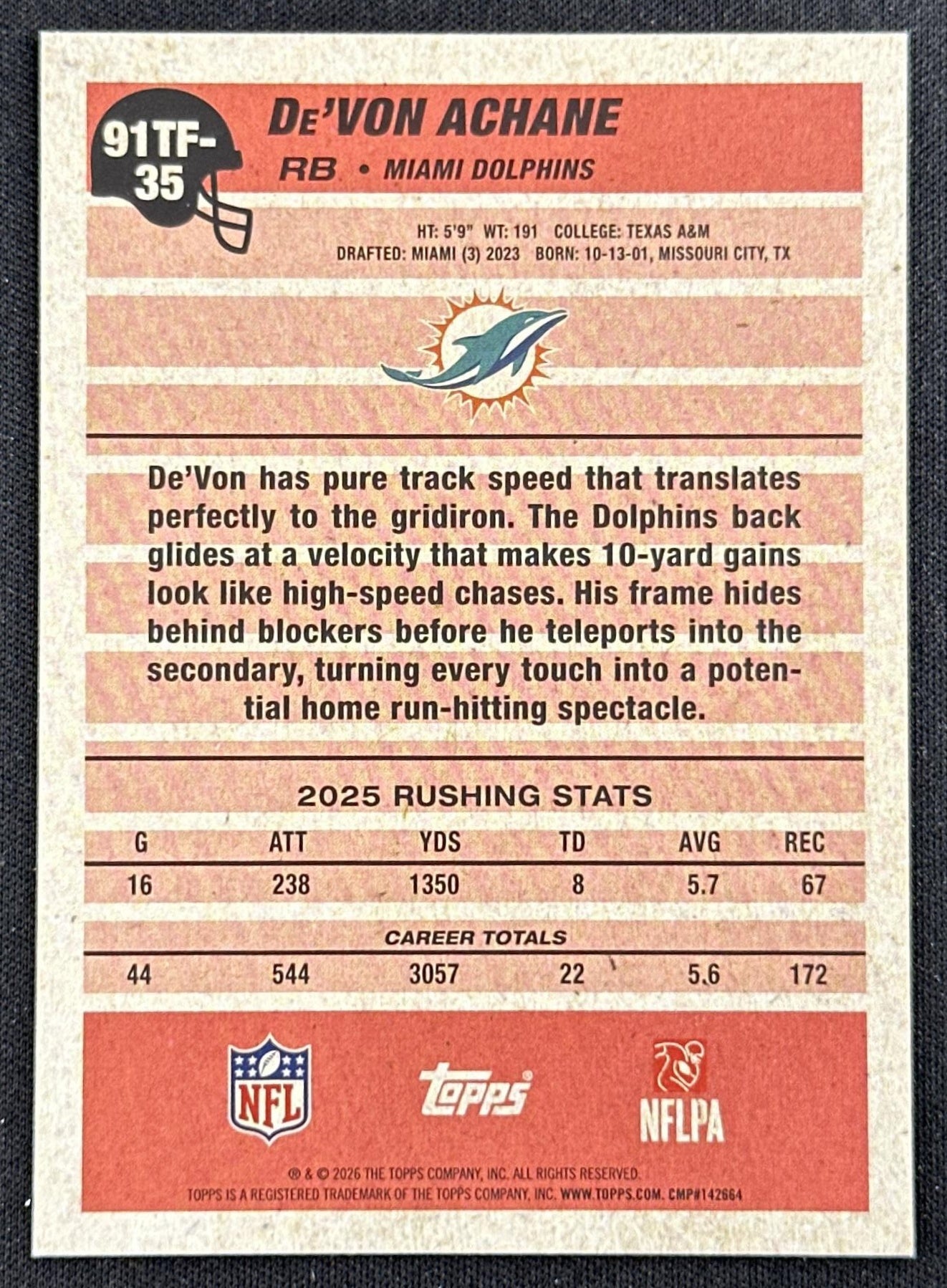 De'Von Achane 2026 Topps Flagship 1991 Dolphins